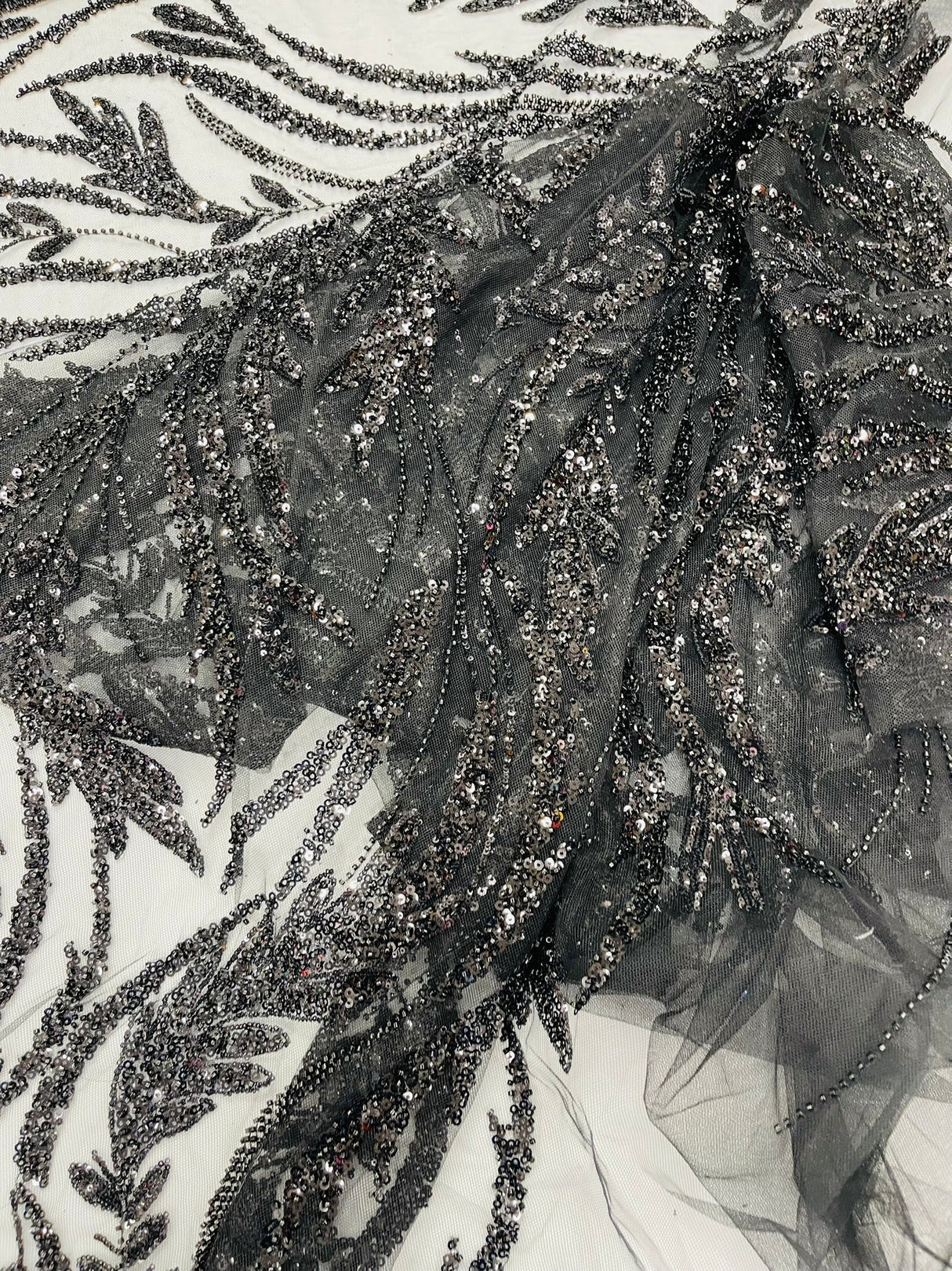 Luxury Festival Beaded Vine Lace Polyester Fabric - Heavy Beaded Mesh Lace, Double Scalloped, 50-54" Width (1 Yard)