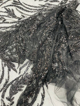 Luxury Festival Beaded Vine Lace Polyester Fabric - Heavy Beaded Mesh Lace, Double Scalloped, 50-54" Width (1 Yard)