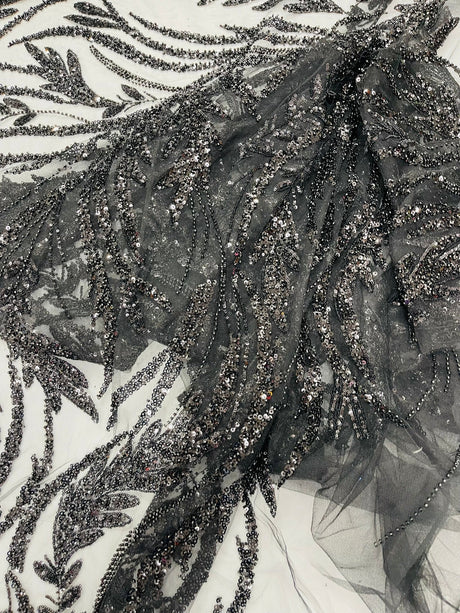Luxury Festival Beaded Vine Lace Polyester Fabric - Heavy Beaded Mesh Lace, Double Scalloped, 50-54" Width (1 Yard)