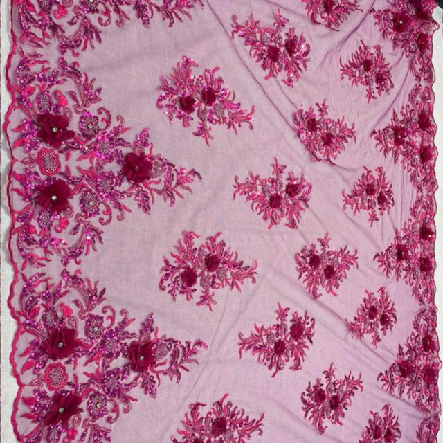 VT-32 3D Beaded Lace Fabric - Burgundy, 55" Width (1 Yard)