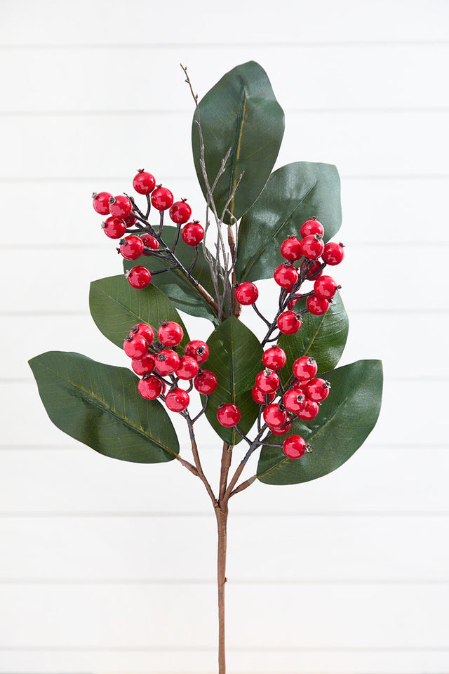 33” Magnolia Leaves with Red Berries Spray