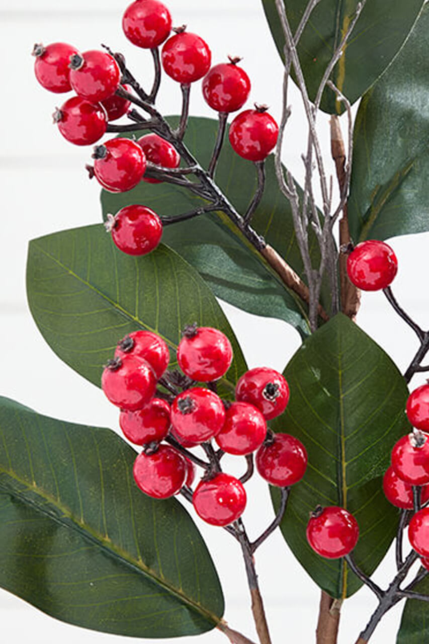 33” Magnolia Leaves with Red Berries Spray