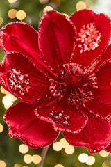 21" x 10" Red Glitter Magnolia Stem