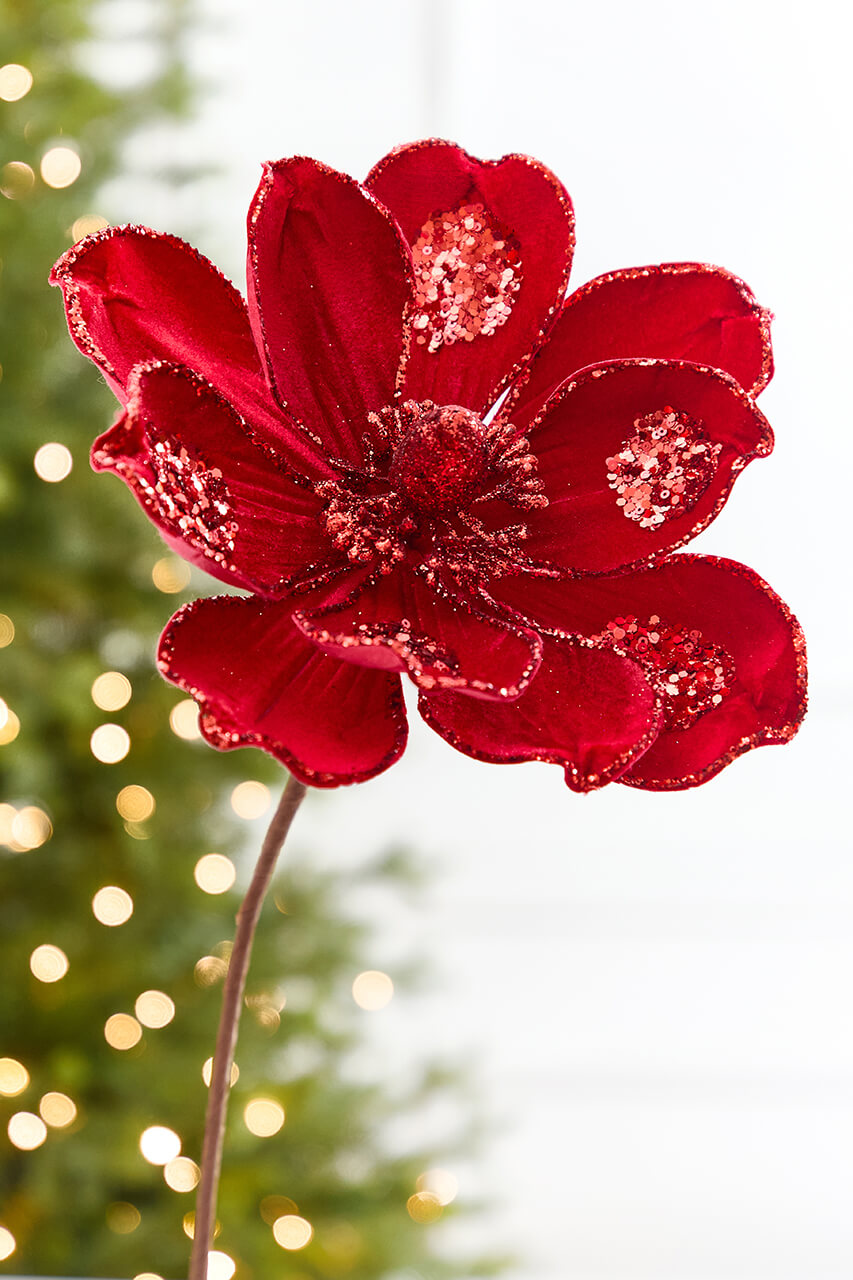 21" x 10" Red Glitter Magnolia Stem