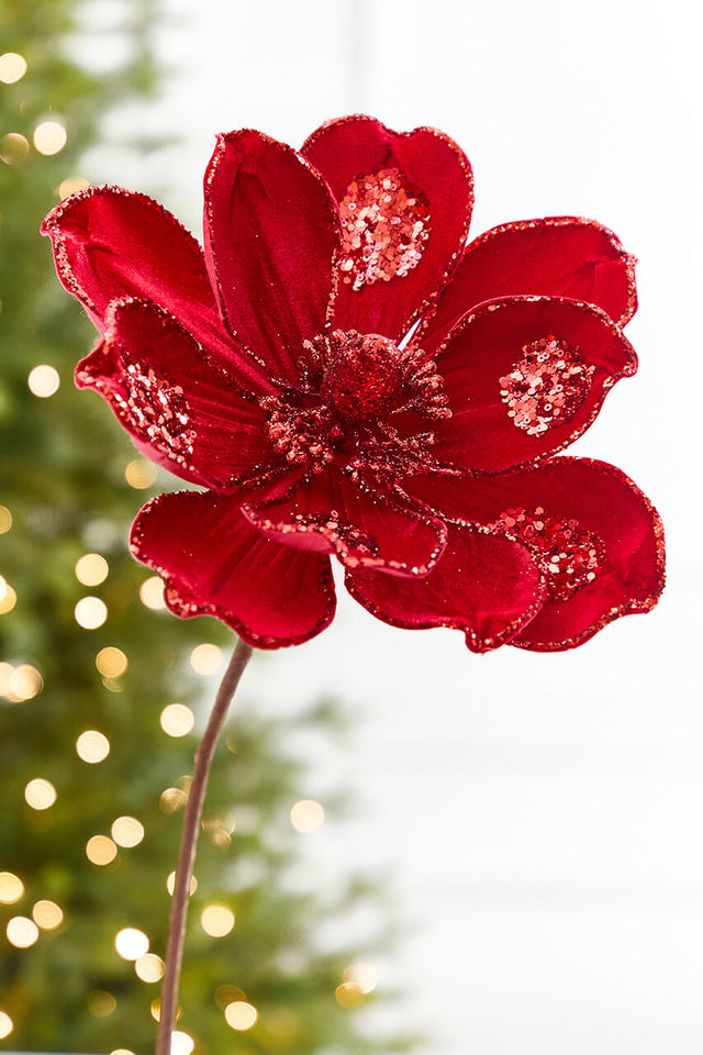 21" x 10" Red Glitter Magnolia Stem