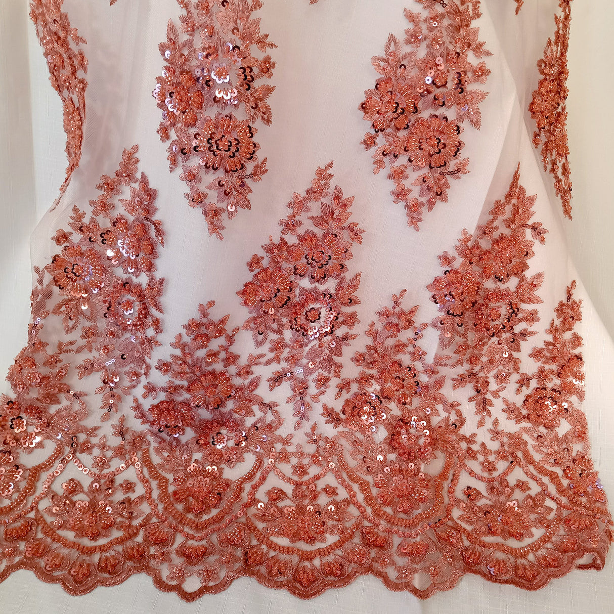 Beaded Embroidered Lace Mesh Coral