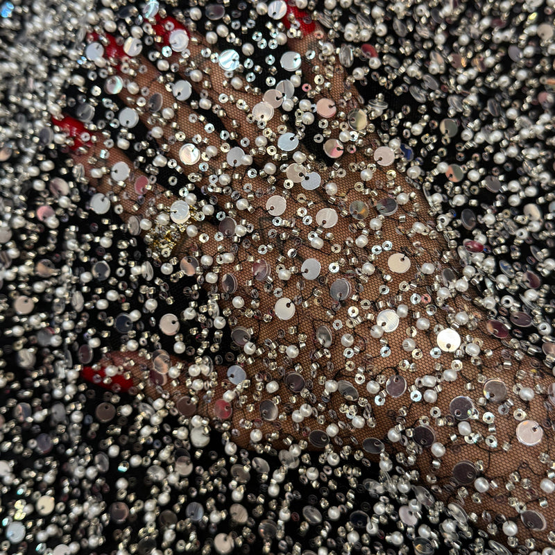 Silver Beaded Sequin Pearl Mesh Lace