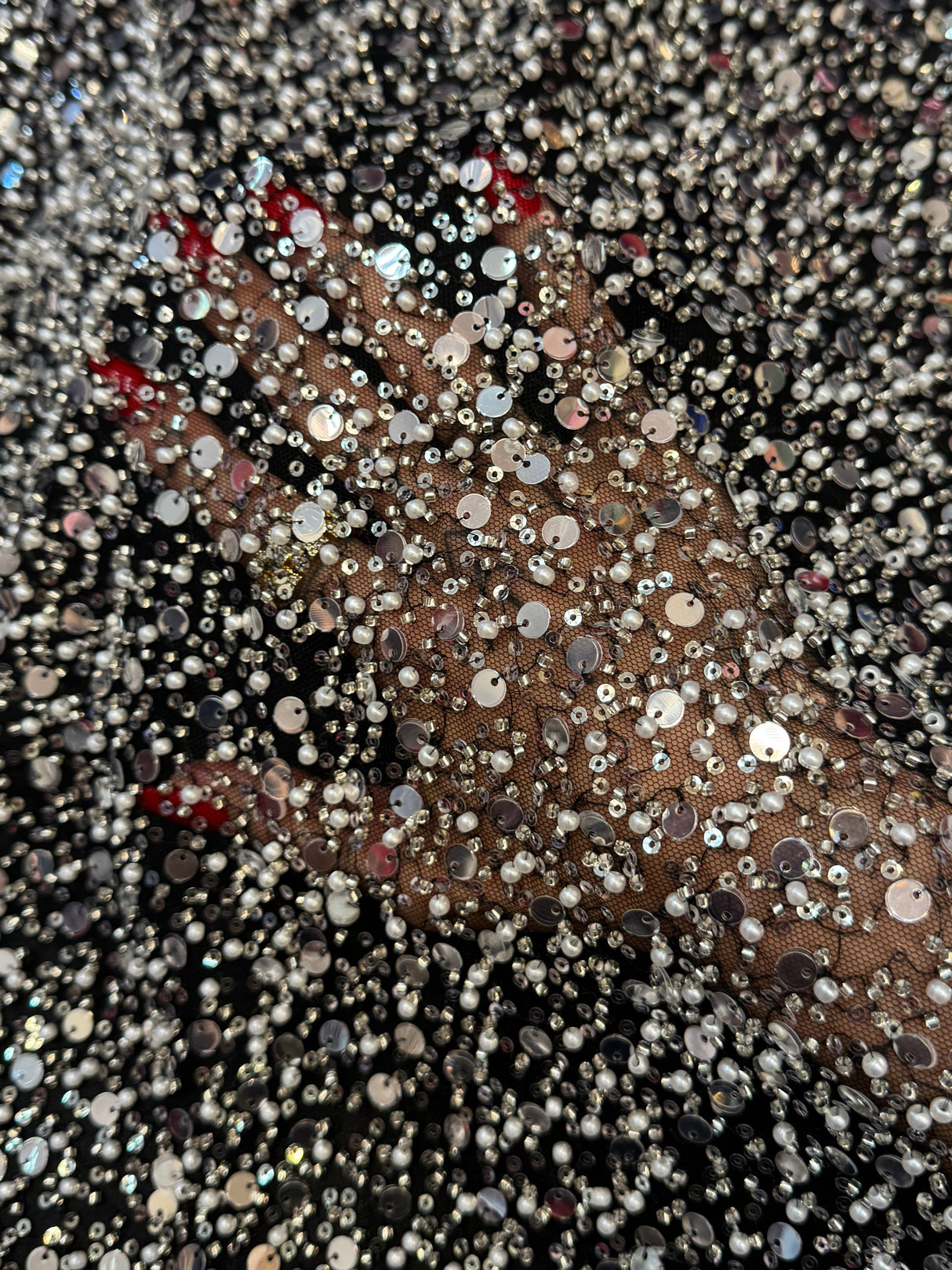 Silver Beaded Sequin Pearl Mesh Lace
