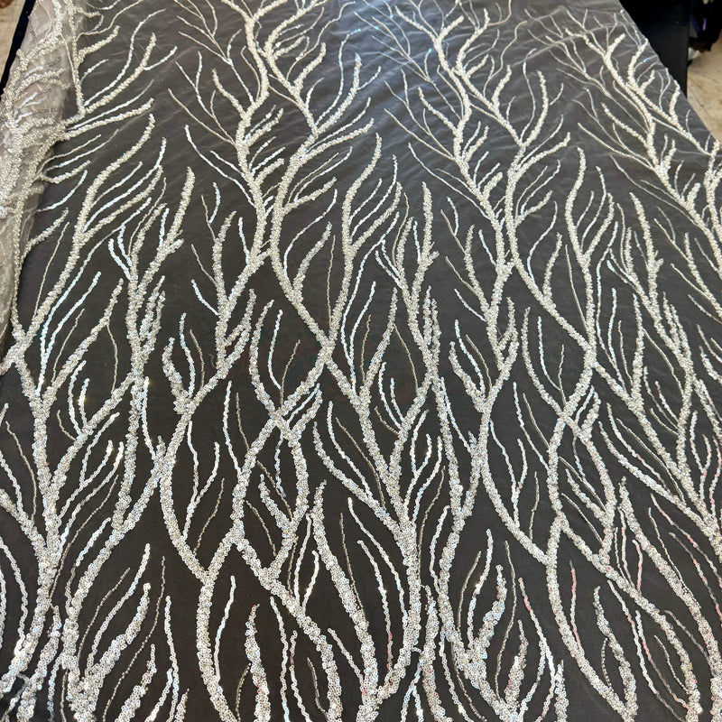 Beaded Sequin Lace on Mesh Silver