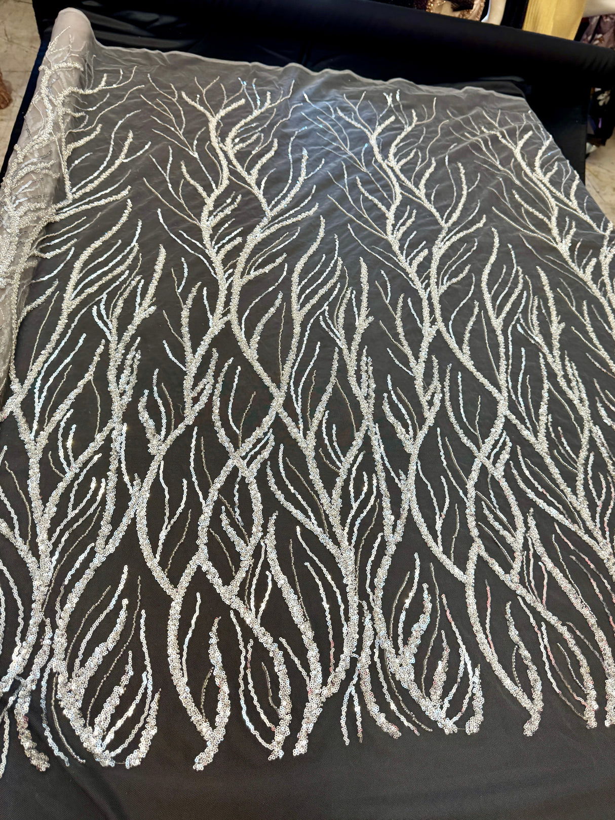 Beaded Sequin Lace on Mesh Silver
