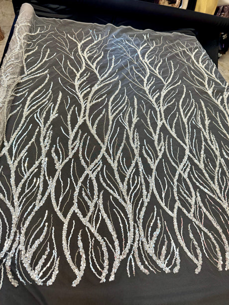 Beaded Sequin Lace on Mesh Silver