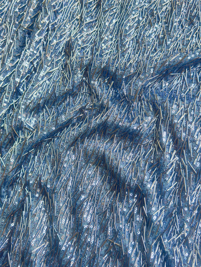 Fringe Sequin on Mesh Sky Blue