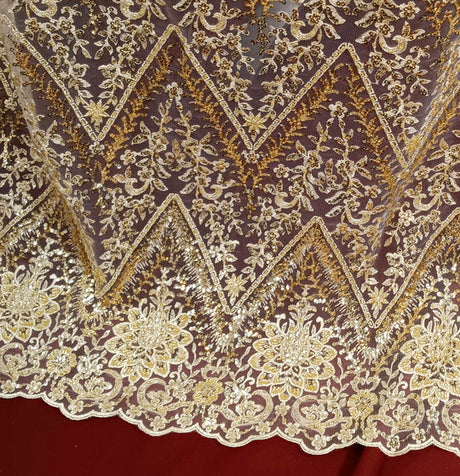 1 Yard Beaded and Sequined Lace Fabric Embroidered on Polyester Net Mesh 52 inch Width
