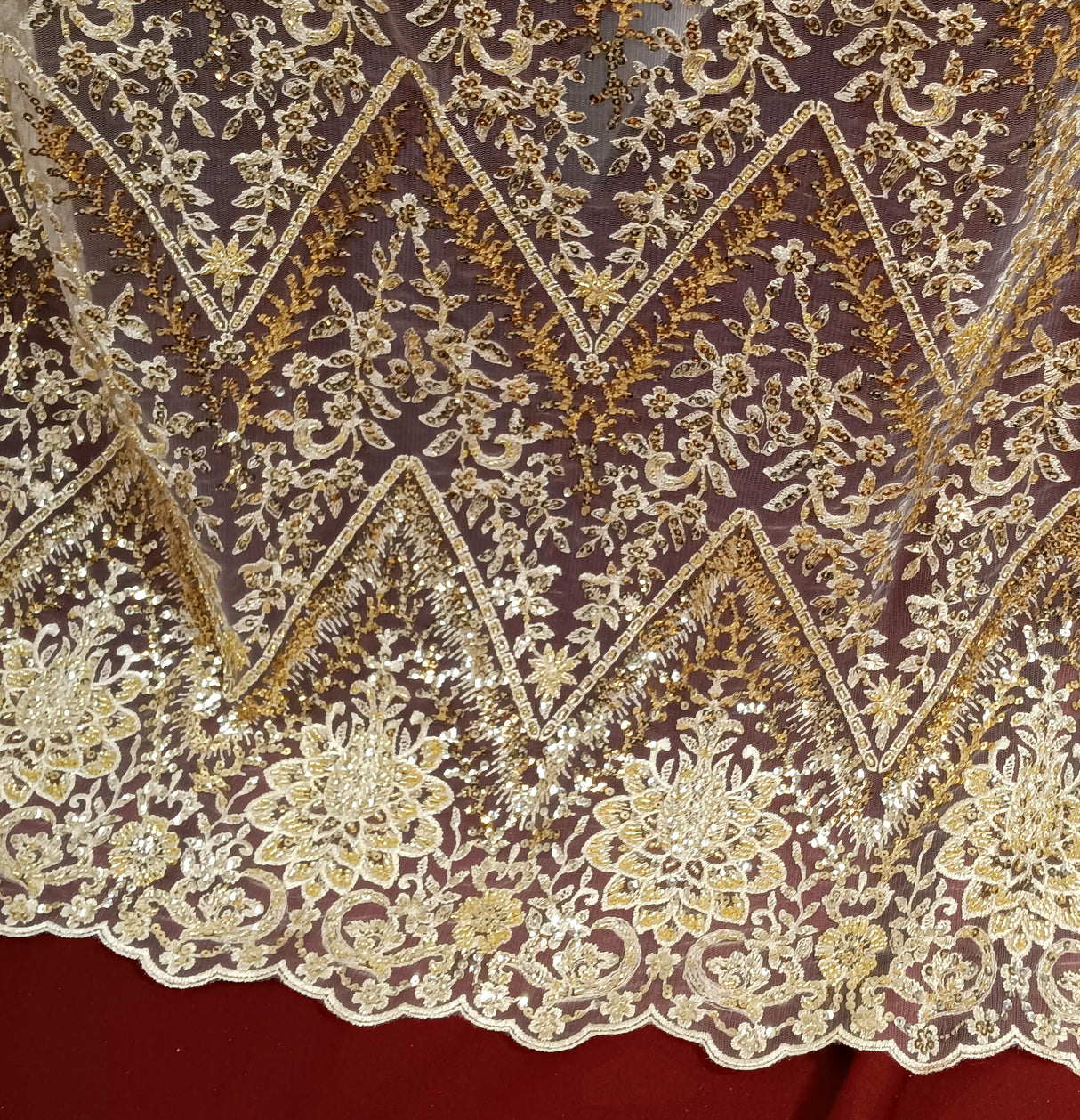 Beaded Sequined Lace Fabric on Polyester Net Mesh