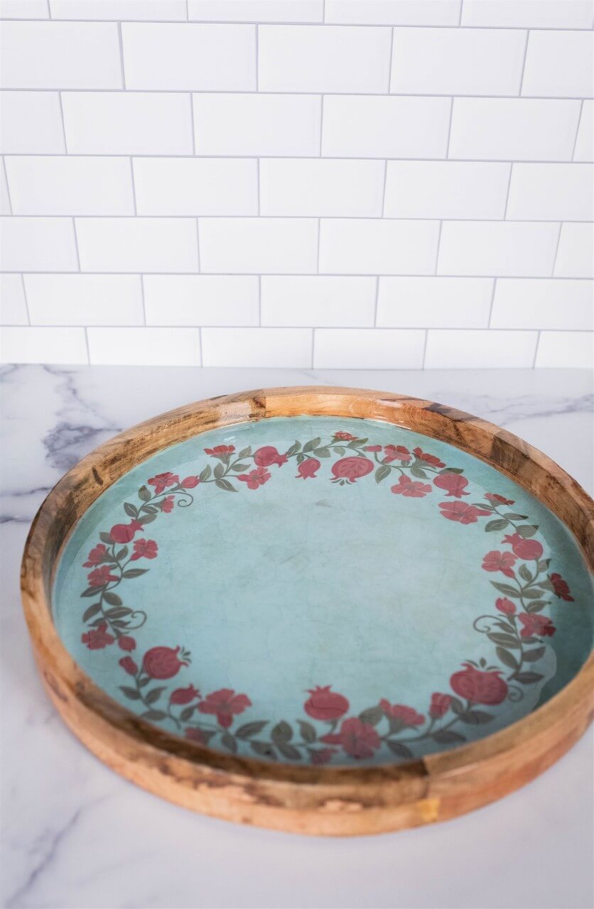15" Mango Wood Pomegranate Wreath Tray