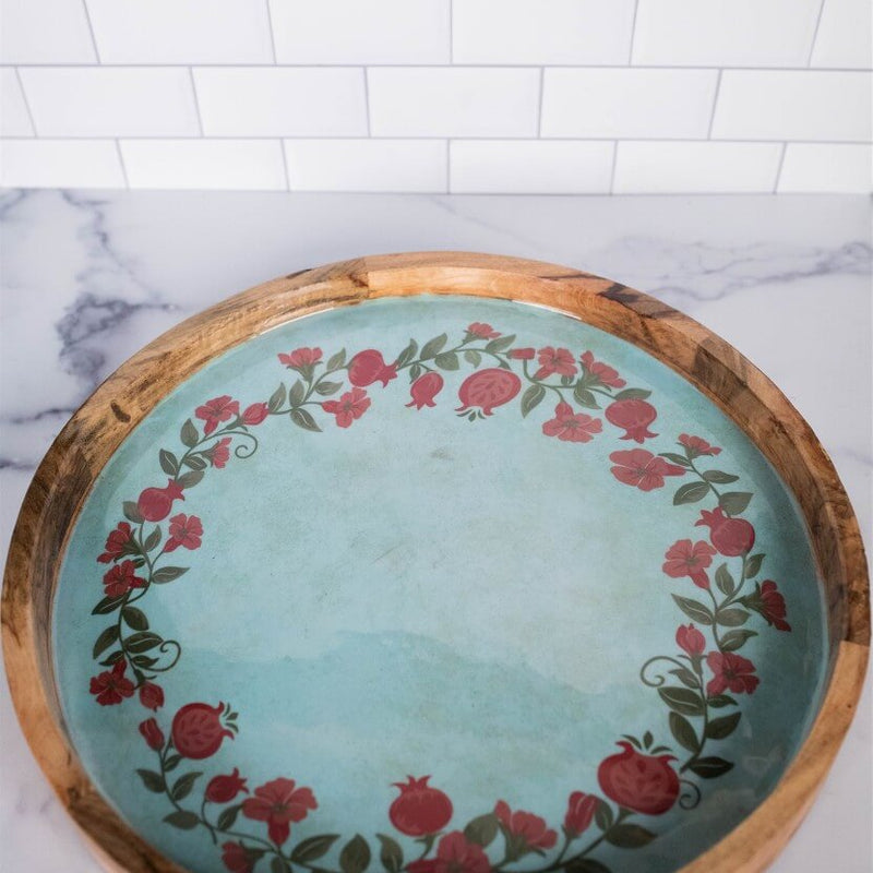 15" Mango Wood Pomegranate Wreath Tray