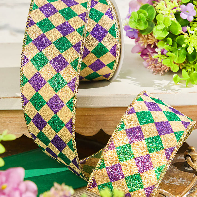 2.5" x 10 Yard Gold, Green & Purple Diamond Patterned Ribbon
