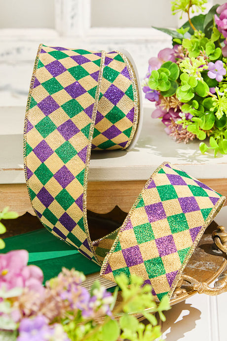 2.5" x 10 Yard Gold, Green & Purple Diamond Patterned Ribbon