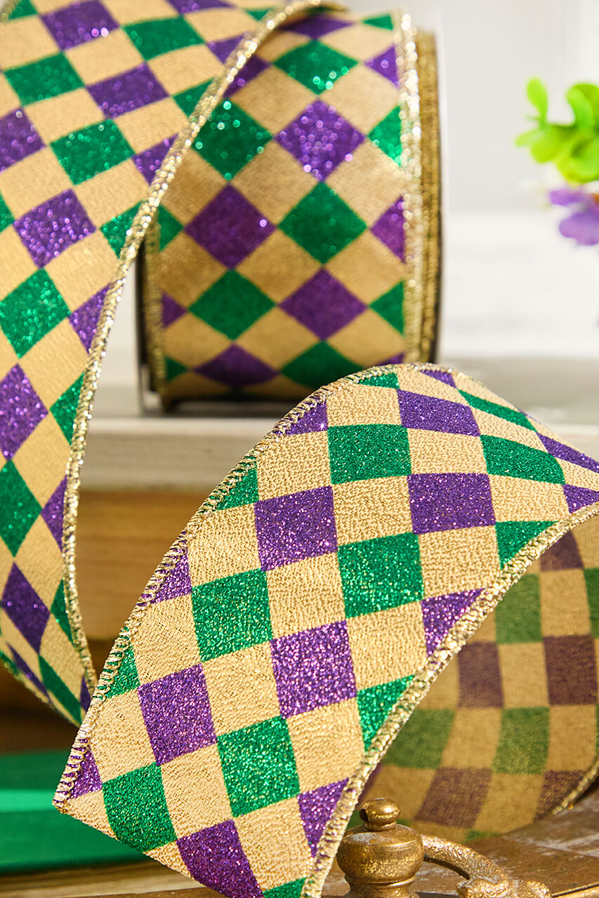 2.5" x 10 Yard Gold, Green & Purple Diamond Patterned Ribbon