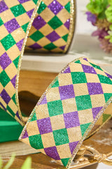 2.5" x 10 Yard Gold, Green & Purple Diamond Patterned Ribbon