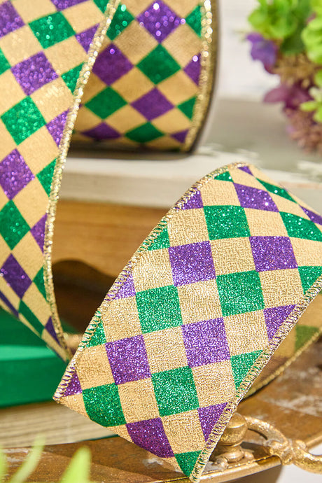 2.5" x 10 Yard Gold, Green & Purple Diamond Patterned Ribbon