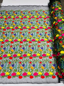 Maria Multi Color Mexican Sarape Floral Design Embroidered Mesh Lace Fabric - Multi Color Floral, Ivory Mesh, 54" Width (1 Yard)