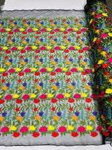 Maria Multi Color Mexican Sarape Floral Design Embroidered Mesh Lace Fabric - Multi Color Floral, Ivory Mesh, 54" Width (1 Yard)