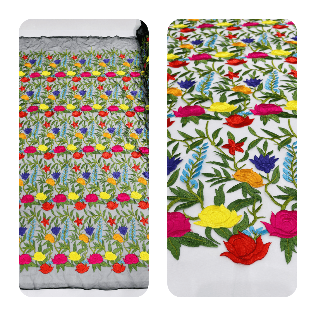 Maria Multi Color Mexican Sarape Floral Design Embroidered Mesh Lace Fabric - Multi Color Floral, Ivory Mesh, 54" Width (1 Yard)