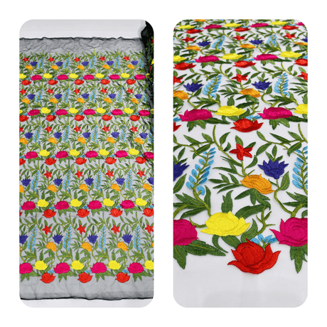Maria Multi Color Mexican Sarape Floral Design Embroidered Mesh Lace Fabric - Multi Color Floral, Ivory Mesh, 54" Width (1 Yard)