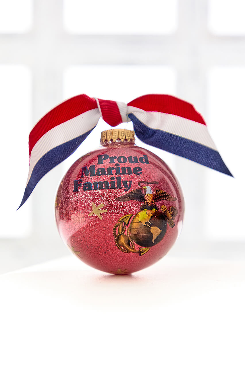 3.25" Red "Proud Marine Family" with Ribbon Glass Ball Ornament