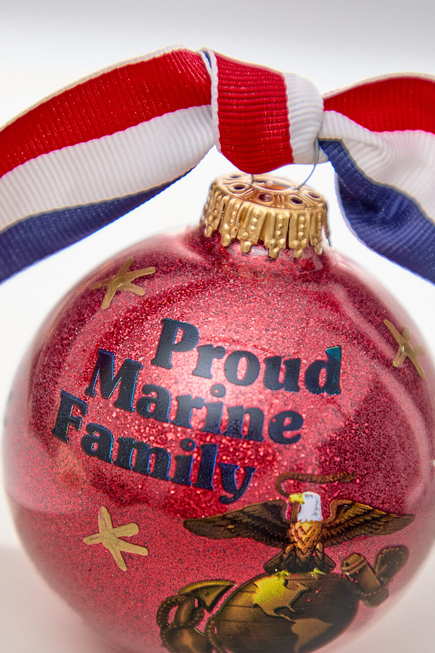 3.25" Red "Proud Marine Family" with Ribbon Glass Ball Ornament