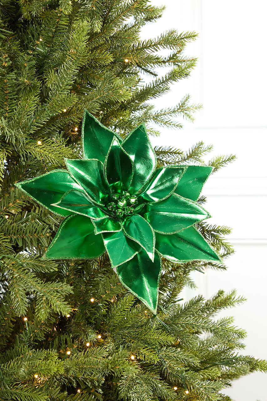 24 Inch Green Retro Poinsettia Stem with Jingle Bells – Vintage Holiday Charm with Festive Sound