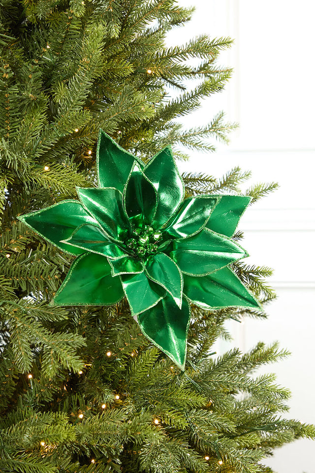 24" Green Retro Poinsettia Stem with Jingle Bells