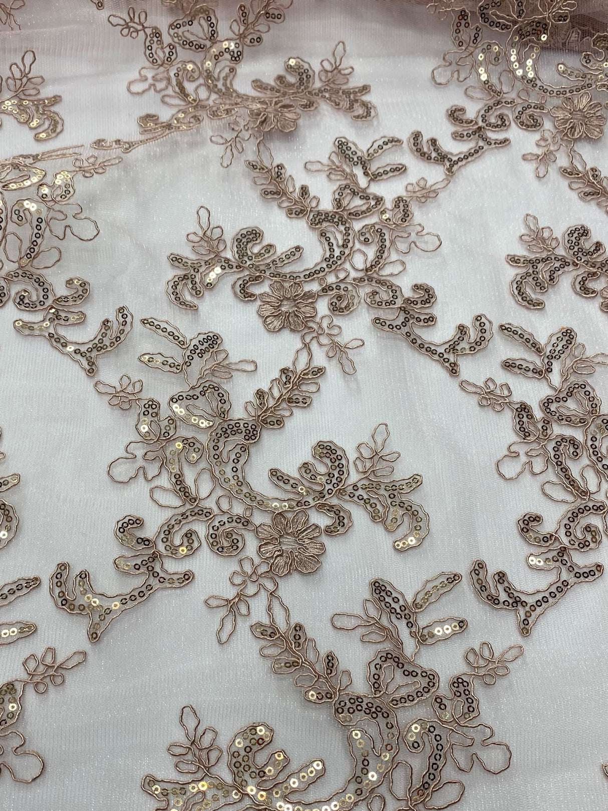 Elena'S Lace Mauve Polyester Fabric - Mauve Corded Mesh Embroidered With Sequins, Double Scalloped Edge, 54" Width (1 Yard)