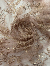 Elena'S Lace Mauve Polyester Fabric - Mauve Corded Mesh Embroidered With Sequins, Double Scalloped Edge, 54" Width (1 Yard)