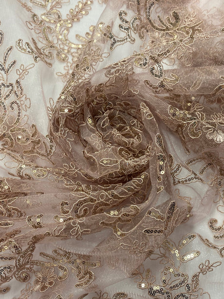 Elena'S Lace Mauve Polyester Fabric - Mauve Corded Mesh Embroidered With Sequins, Double Scalloped Edge, 54" Width (1 Yard)