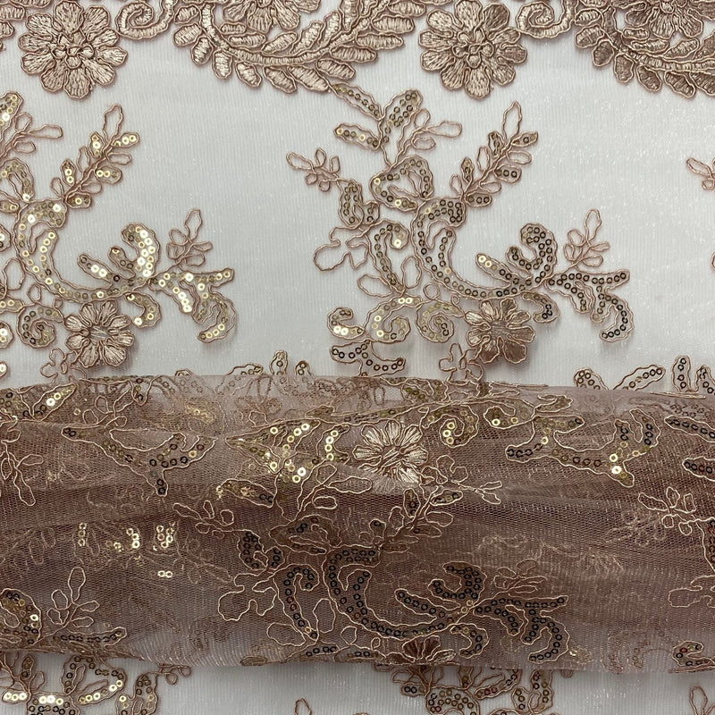 Elena'S Lace Mauve Polyester Fabric - Mauve Corded Mesh Embroidered With Sequins, Double Scalloped Edge, 54" Width (1 Yard)