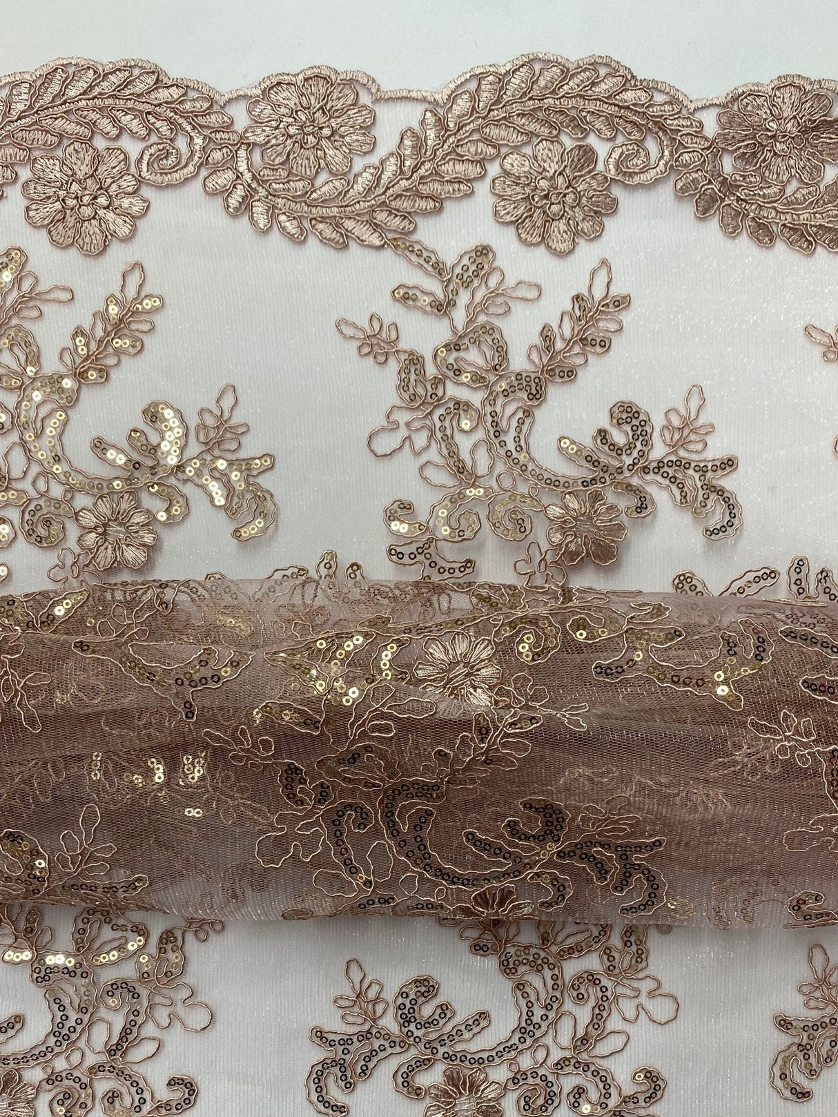 Elena'S Lace Mauve Polyester Fabric - Mauve Corded Mesh Embroidered With Sequins, Double Scalloped Edge, 54" Width (1 Yard)