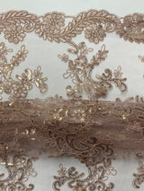 Elena'S Lace Mauve Polyester Fabric - Mauve Corded Mesh Embroidered With Sequins, Double Scalloped Edge, 54" Width (1 Yard)