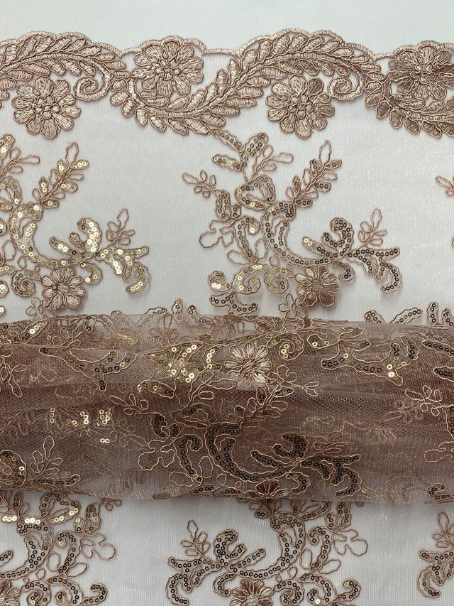 Elena'S Lace Mauve Polyester Fabric - Mauve Corded Mesh Embroidered With Sequins, Double Scalloped Edge, 54" Width (1 Yard)