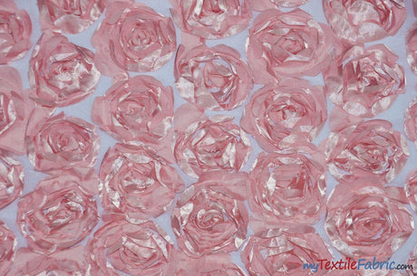 Rosette Satin Bordeaux Polyester Fabric - 3D Floral Satin Embroidered On A Mesh, Bordeaux, 52" Width (1 Yard)