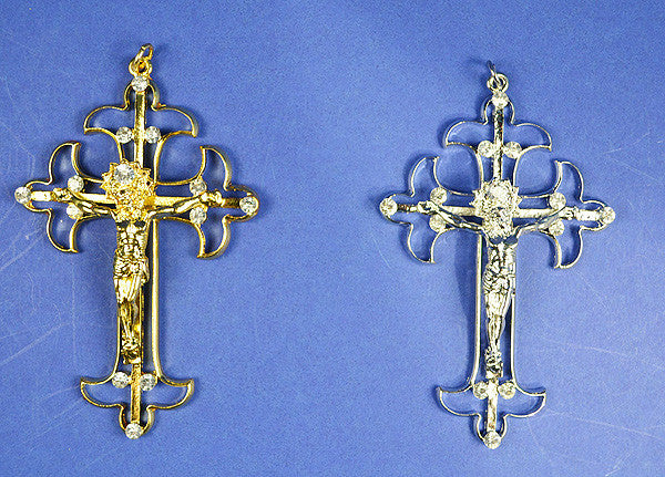 4" Catholic Metal Cross Pendants with Rhinestones in Silver - Pack of 10 Pendants