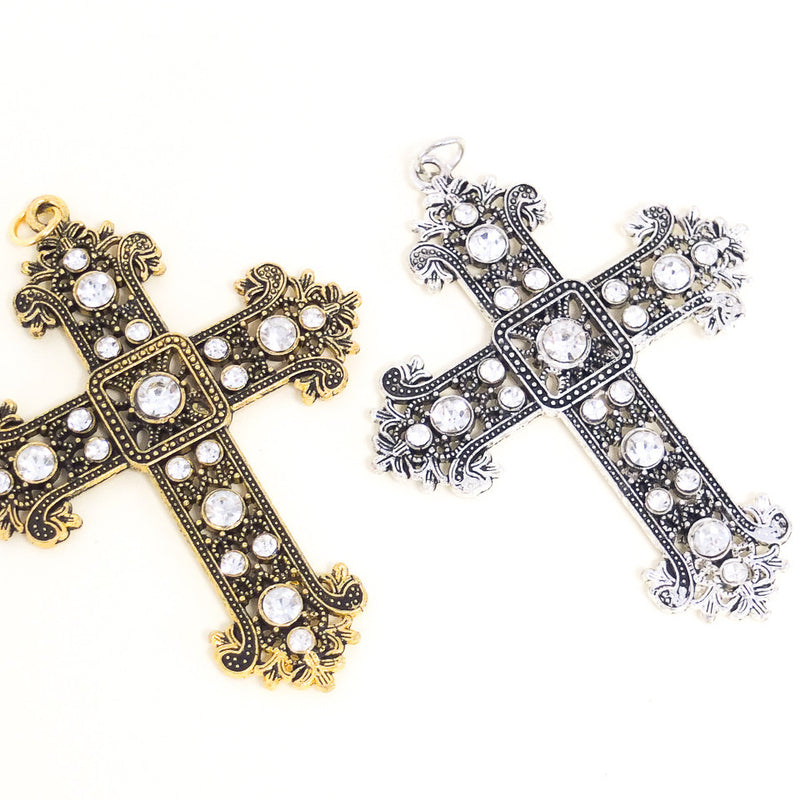 Silver Antique Metal Cross Pendants with Rhinestones - Pack of 12 Pieces