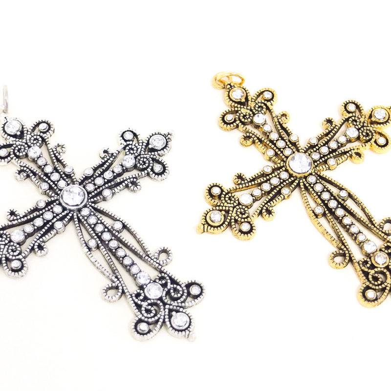 Silver Antique Ornate Metal Cross Pendants with Rhinestones - Pack of 12 Pieces