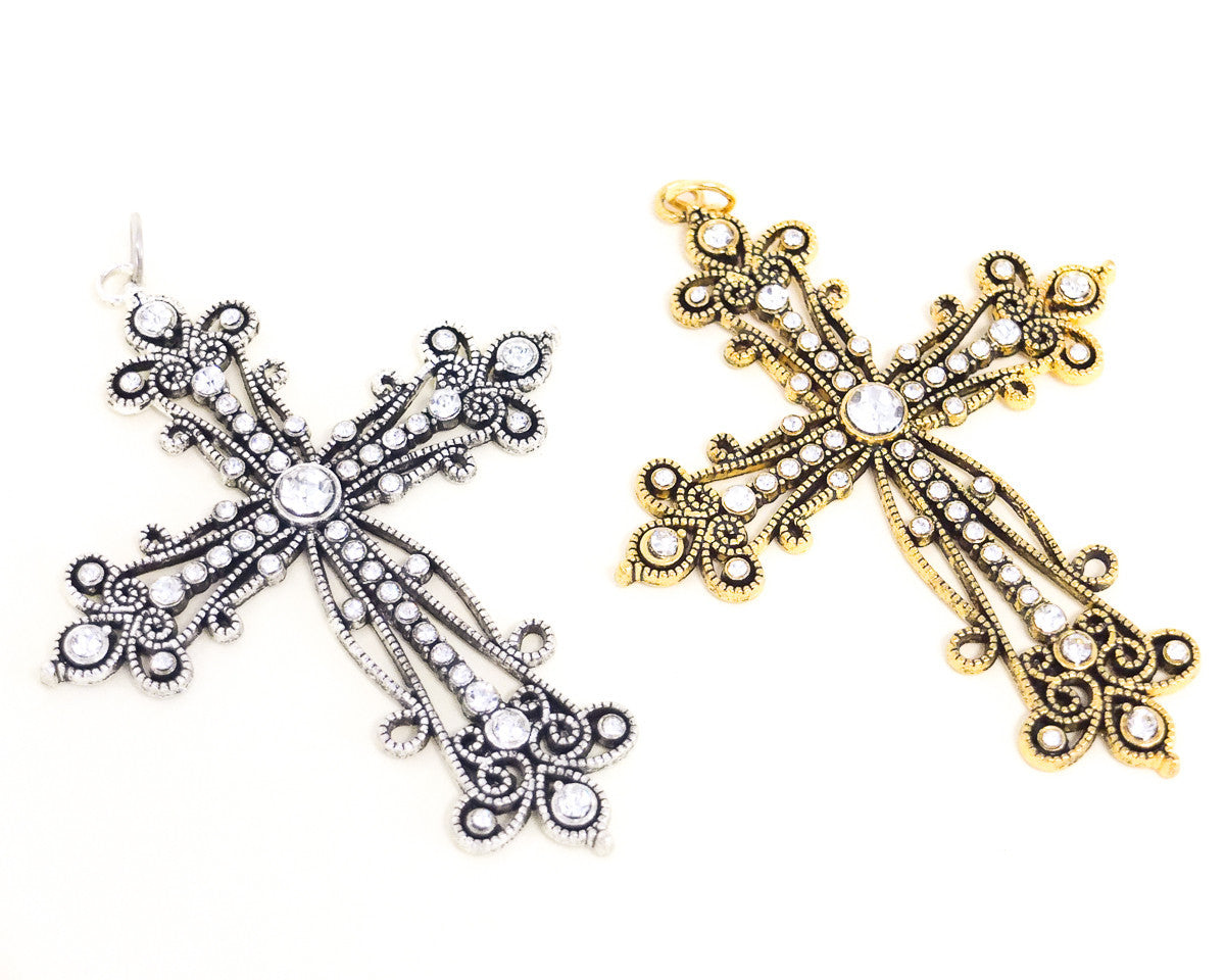Silver Antique Ornate Metal Cross Pendants with Rhinestones - Pack of 12 Pieces