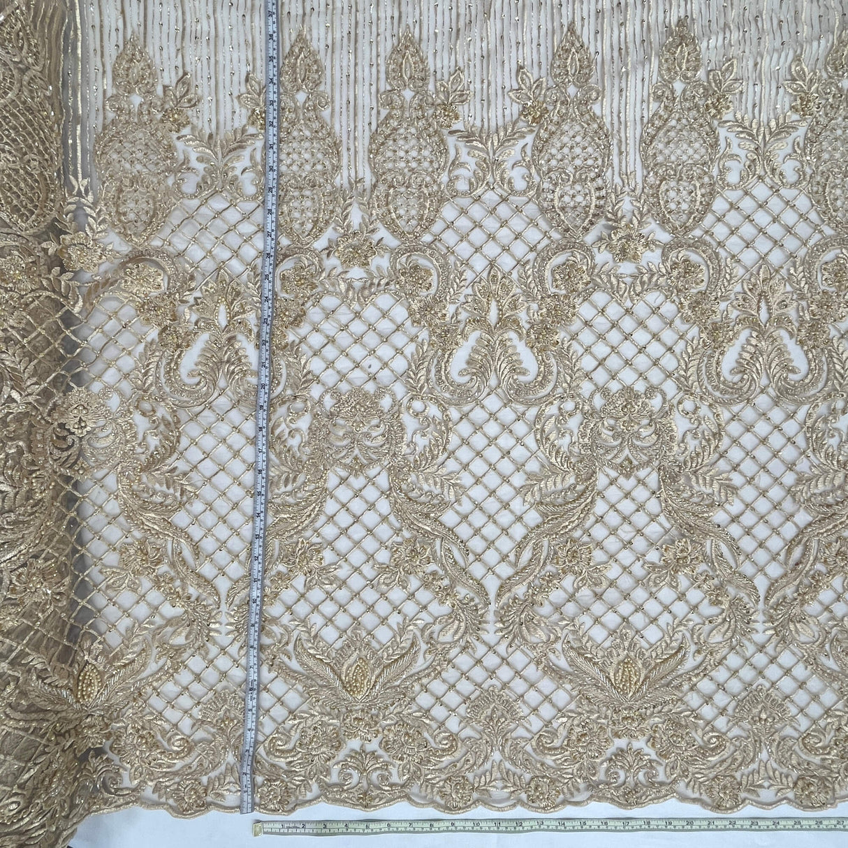 Beaded Lace Fabric - Embroidered 100 Percent Polyester Net Mesh, Floral Baroque Scalloped Edge, 52" Width (1 Yard)