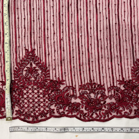 Beaded Lace Fabric - Embroidered 100 Percent Polyester Net Mesh, Floral Baroque Scalloped Edge, 52" Width (1 Yard)