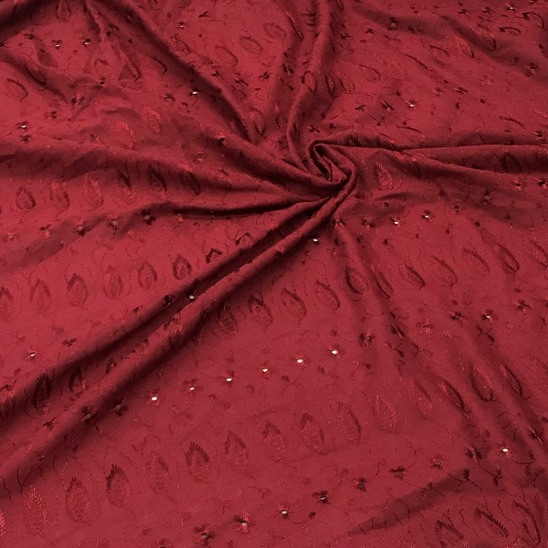 Burgundy Medium Eyelet Polyester Cotton Fabric - Burgundy, Small Eyelets, 41"- 42" Width