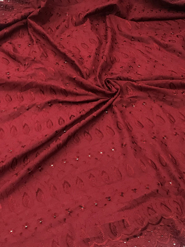 Burgundy Medium Eyelet Polyester Cotton Fabric - Burgundy, Small Eyelets, 41"- 42" Width