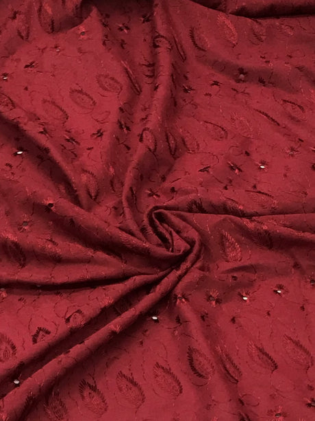 Burgundy Medium Eyelet Polyester Cotton Fabric - Burgundy, Small Eyelets, 41"- 42" Width